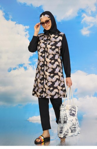Akbeniz Damen-Badeanzug Mit Durchgehendem Hijab Und Hose Gemustert Marineblau 31070 4587