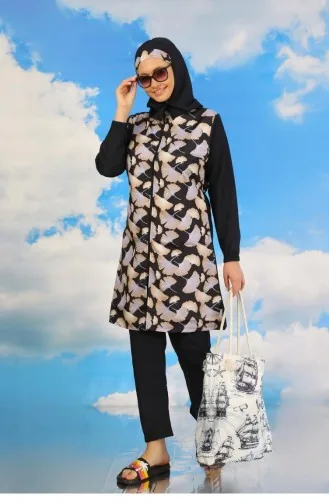 Akbeniz Damen-Badeanzug Mit Durchgehendem Hijab Und Hose Gemustert Marineblau 31070 4587