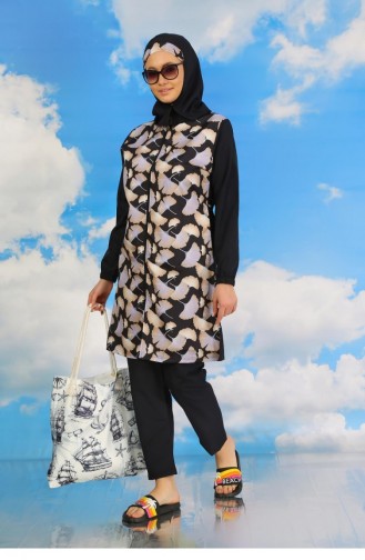 Akbeniz Women`s Patterned Full Hijab Swimsuit With Trousers Navy Blue 31070 4587