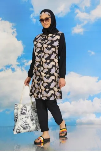 Akbeniz Damen-Badeanzug Mit Durchgehendem Hijab Und Hose Gemustert Marineblau 31070 4587