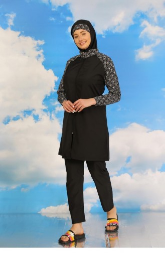 Akbeniz Damen-Badeanzug Mit Durchgehendem Hijab Und Hose Gemustert Schwarz 31072 4588