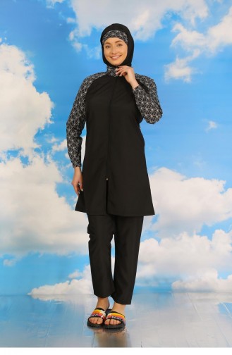 Akbeniz Maillot De Bain Hijab Complet à Motifs Pour Femme Avec Pantalon Noir 31072 4588