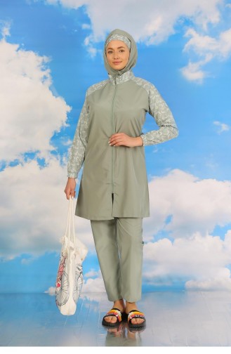 Akbeniz Women`s Patterned Full Hijab Swimsuit With Trousers Water Green 31072 4589