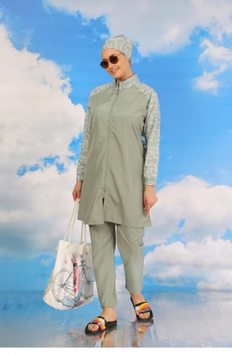 Akbeniz Maillot De Bain Hijab Complet à Motifs Pour Femme Avec Pantalon Vert D`eau 31072 4589