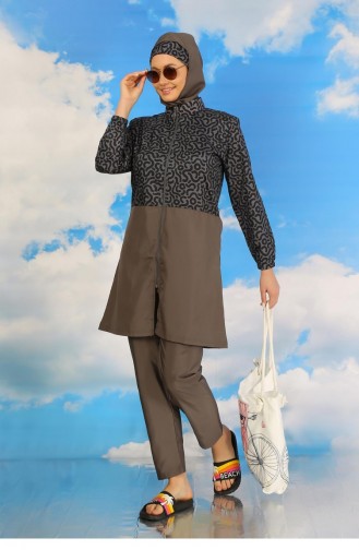 Akbeniz Women`s Patterned Full Hijab Swimsuit With Trousers Smoked 31074 4590