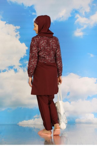 Akbeniz Damen-Badeanzug Mit Durchgehendem Hijab Und Gemusterter Hose Weinrot 31075 4594