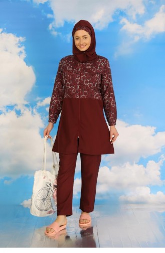 Akbeniz Damesbadpak Met Volledig Hijab-patroon En Broek Claret Red 31075 4594