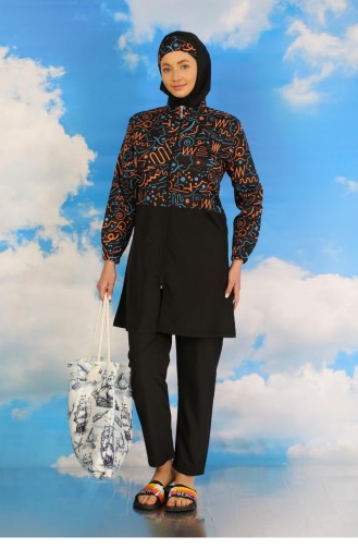 Akbeniz Gemusterter Damen-Hijab-Badeanzug Mit Hose Schwarz 31075 4596