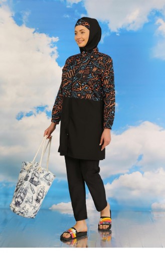 Akbeniz Gemusterter Damen-Hijab-Badeanzug Mit Hose Schwarz 31075 4596