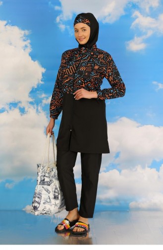 Akbeniz Gemusterter Damen-Hijab-Badeanzug Mit Hose Schwarz 31075 4596