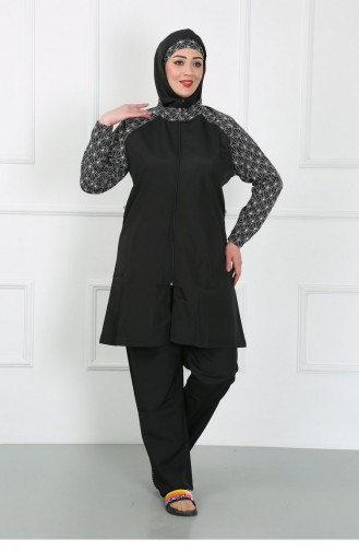 Akbeniz Plus Size Gemusterter Hijab-Badeanzug Schwarz 44030 4633