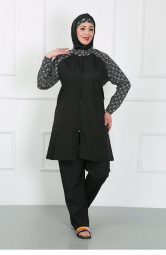 Akbeniz Plus Size Hijab-badpak Met Patroon Zwart 44030 4633