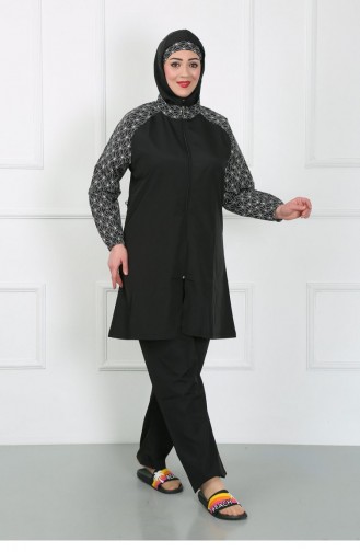 Akbeniz Plus Size Gemusterter Hijab-Badeanzug Schwarz 44030 4633