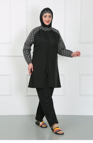 Akbeniz Plus Size Hijab-badpak Met Patroon Zwart 44030 4633