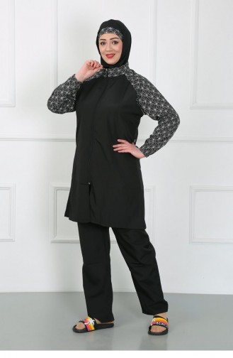Akbeniz Plus Size Hijab-badpak Met Patroon Zwart 44030 4633