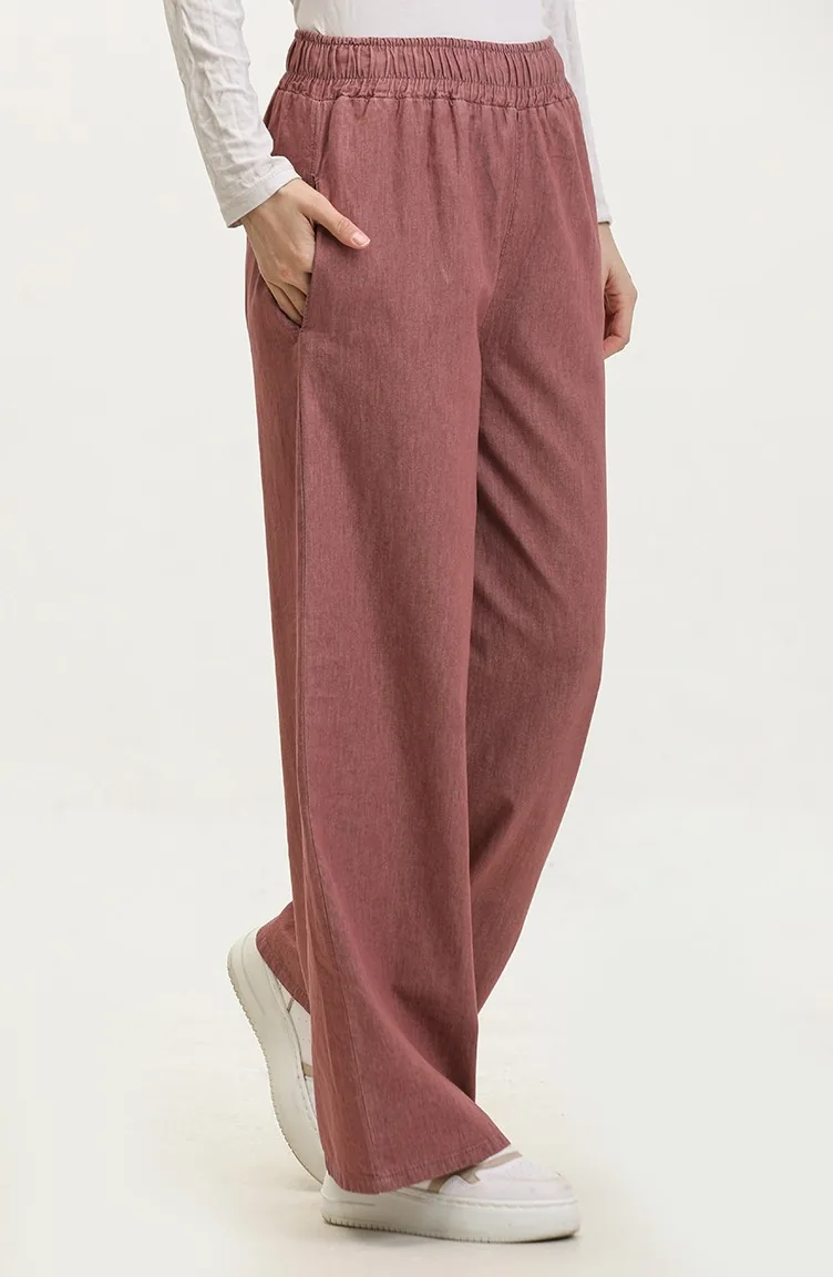 Pantalon Large En Denim à Taille Elastique 3291-04 Rose Poudré 3291-04