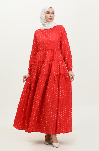 فستان بتصميم مُطبع بطبقات 0371-02 لون أحمر 0371-02
