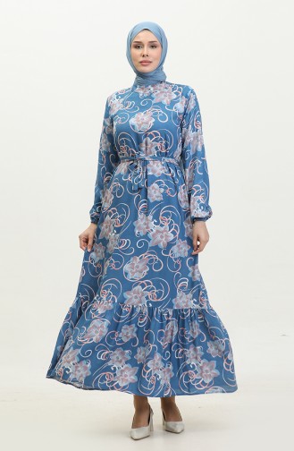 Floral Belted Dress 0373-03 Indigo 0373-03