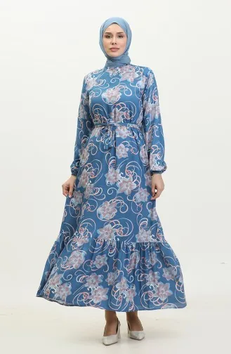 Robe Fleurie à Ceinture 0373-03 Indigo 0373-03