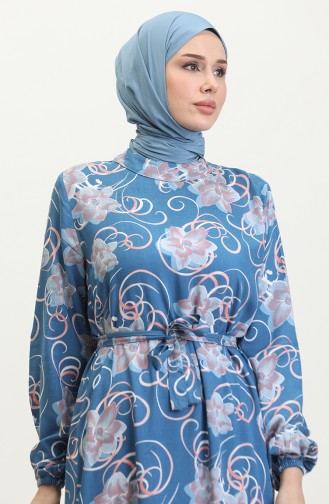 Geblümtes Kleid Mit Gürtel 0373-03 Indigo 0373-03