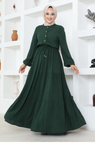 7102Sgs فستان فيسكوز دانتيل على الخصر باللون الأخضر الزمردي 16951