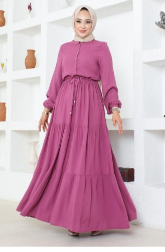 7102Sgs فستان فيسكوز دانتيل على الخصر باللون الوردي المغبر 16962