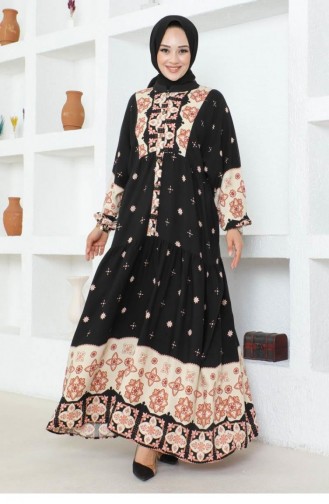 7104Sgs Authentic Patterned Viscose Dress Black 16994