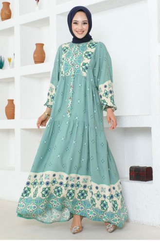 7104Sgs Authentic Patterned Viscose Dress Green 16998