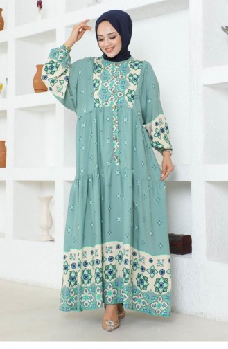 7104Sgs Authentic Patterned Viscose Dress Green 16998