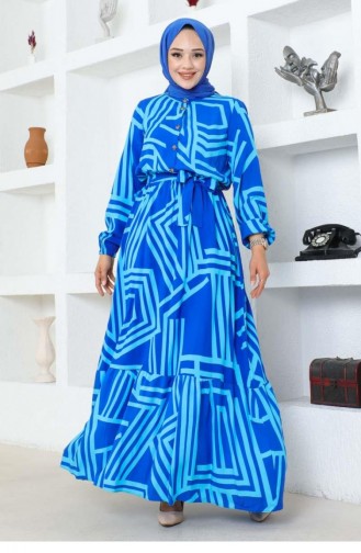 7107Sgs Robe En Viscose Rayée Saks Bleu 17001