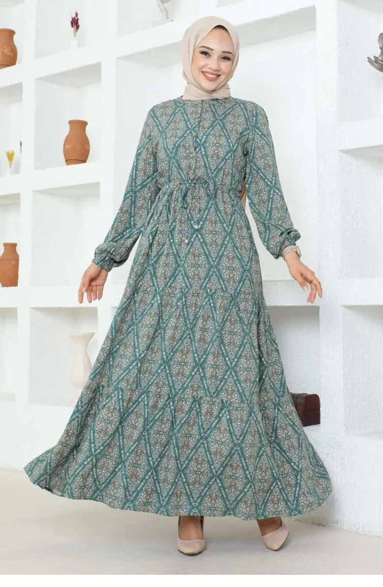 7109Sgs Gemustertes Viskosekleid Mit Schnürung Grün 17007