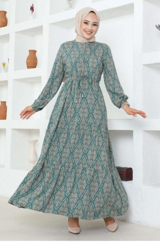 7109Sgs Lace-Up Patterned Viscose Dress Green 17007