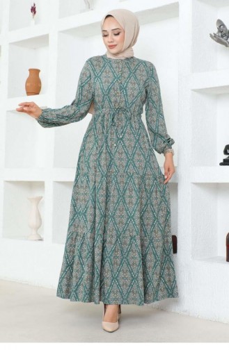 7109Sgs Lace-Up Patterned Viscose Dress Green 17007