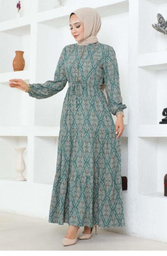 7109Sgs Lace-Up Patterned Viscose Dress Green 17007