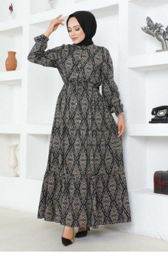 7109Sgs Lace-Up Patterned Viscose Dress Black 17008