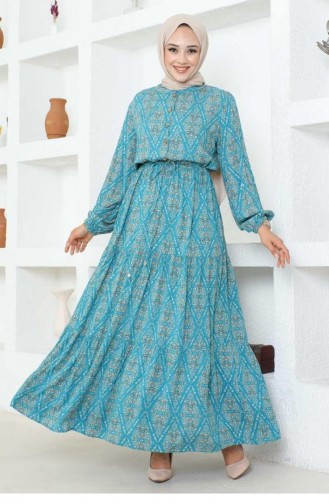 7109Sgs Viscose-jurk Met Veterpatroon Blauw 17009