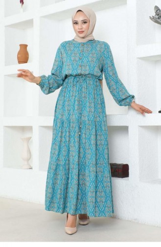 7109Sgs Lace-Up Patterned Viscose Dress Blue 17009