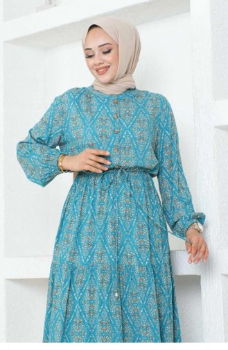 7109Sgs Lace-Up Patterned Viscose Dress Blue 17009