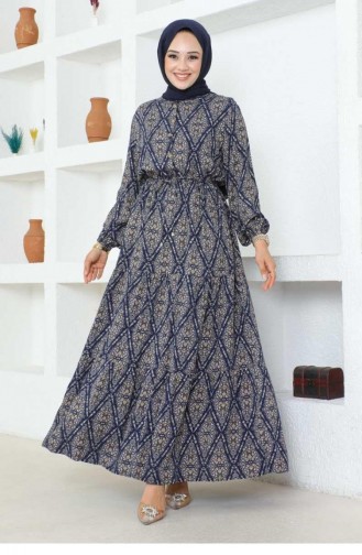 7109Sgs Viscose-jurk Met Veters En Patroon Marineblauw 17010