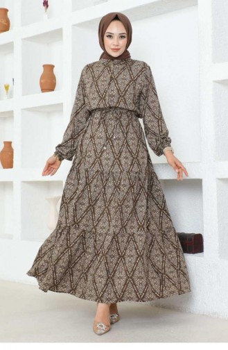 7109Sgs Lace-Up Patterned Viscose Dress Brown 17011