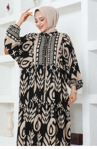 7105Sgs Ethnic Pattern Viscose Dress Black 17012