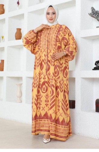7105Sgs Etnik Desen Viskon Elbise Sarı