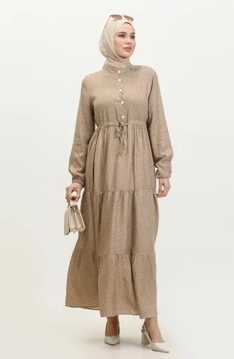 Polka Dot Pattern Gathered Waist Dress 0372-01 Mink 0372-01