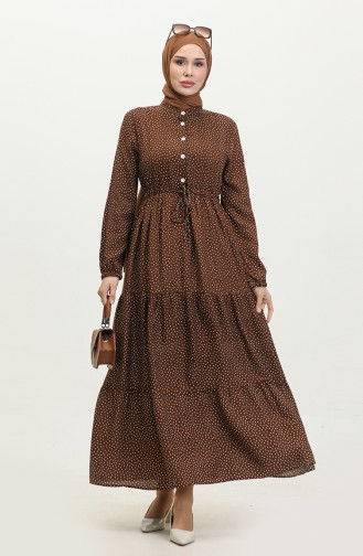 Polka Dot Pattern Gathered Waist Dress 0372-03 Brown 0372-03