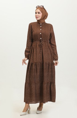 Polka Dot Pattern Gathered Waist Dress 0372-03 Brown 0372-03