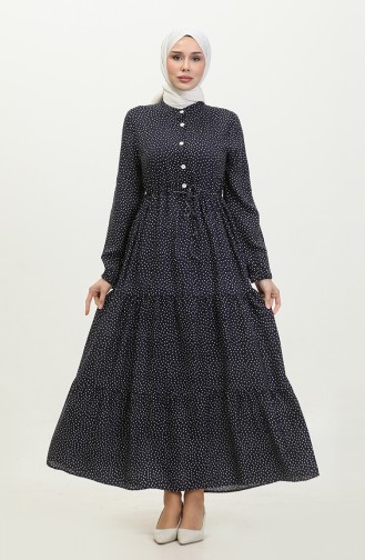 Polka Dot Pattern Gathered Waist Dress 0372-05 Navy Blue 0372-05