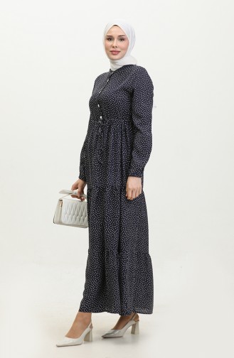 Polka Dot Pattern Gathered Waist Dress 0372-05 Navy Blue 0372-05