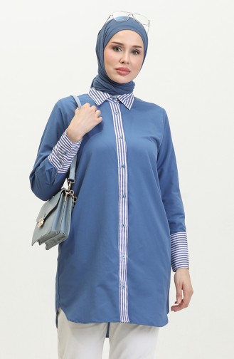 Striped Garnished Tunic 4823-05 Light Navy Blue 4823-05