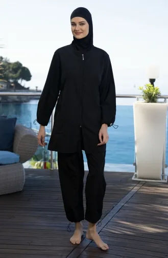 ملابس سباحة للحجاب مغطاة بالكامل بسحاب 22990ES-02 لون أسود 22990ES-02