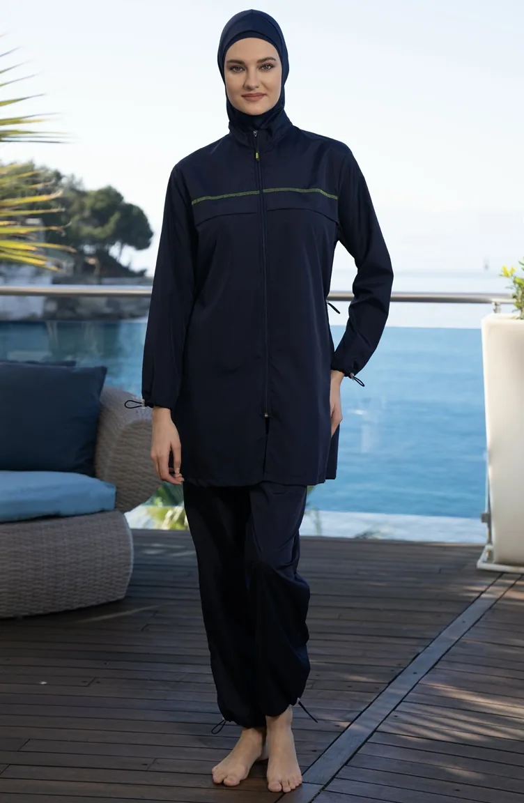 Zippered Fully Covered Hijab Swimsuit 22995-01 Navy Blue 22995-01